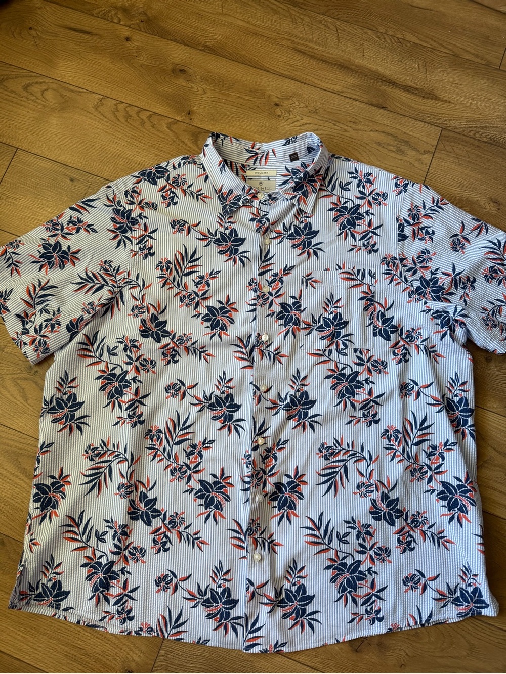 Short-Sleeve Floral Button-Down Shirt - White/Navy/Coral